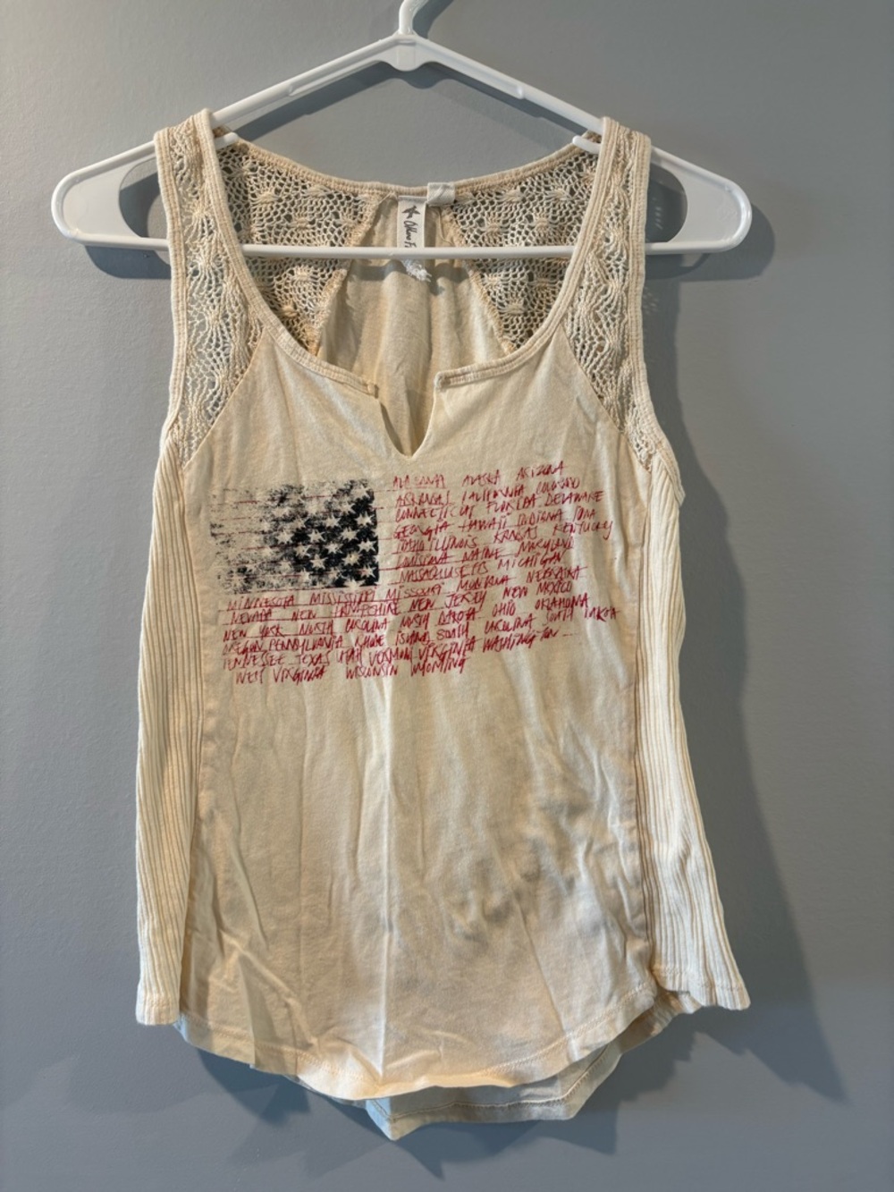Others Follow Cream Lace-Shoulder Tank with Flag Graphic
